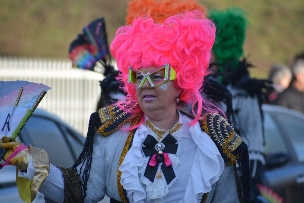 Mujer con peluca rosa y gafas en desfile de Carnaval en Cacabelos