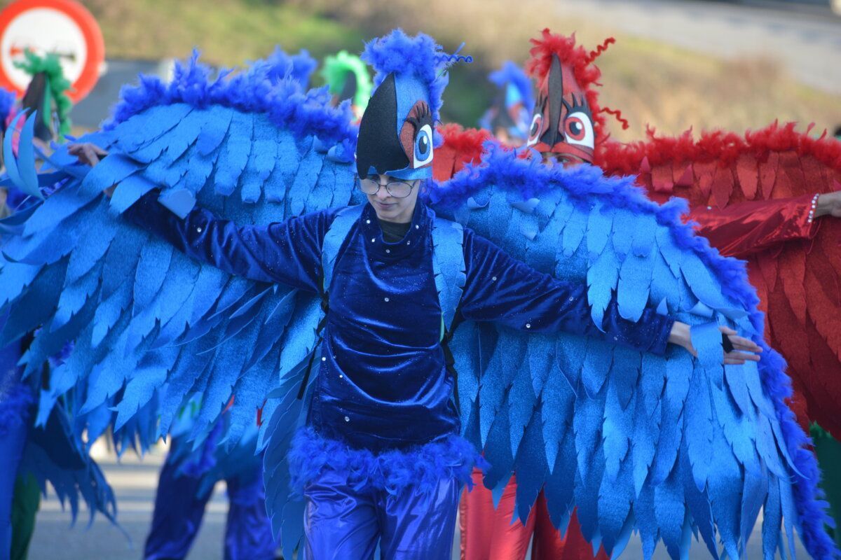Participante del desfile de carnaval en Cacabelos con un disfraz colorido