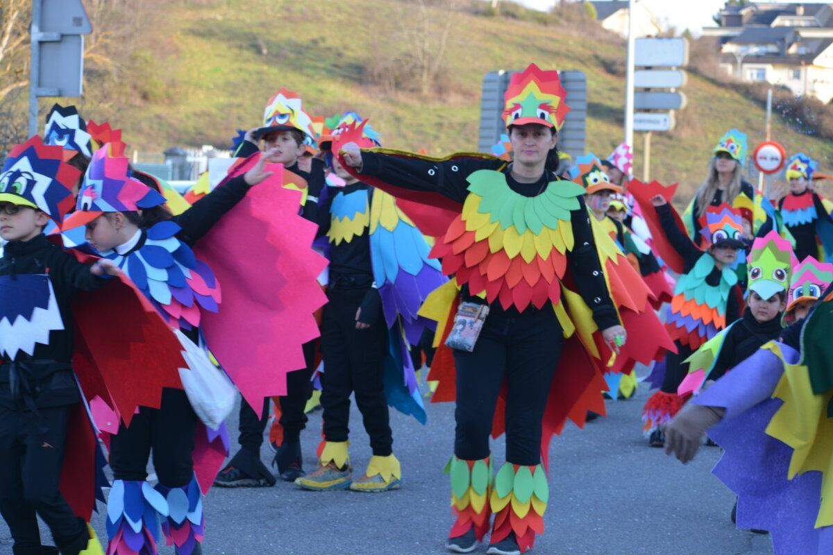 Grupo de personas en un desfile de carnaval con trajes coloridos en Cacabelos