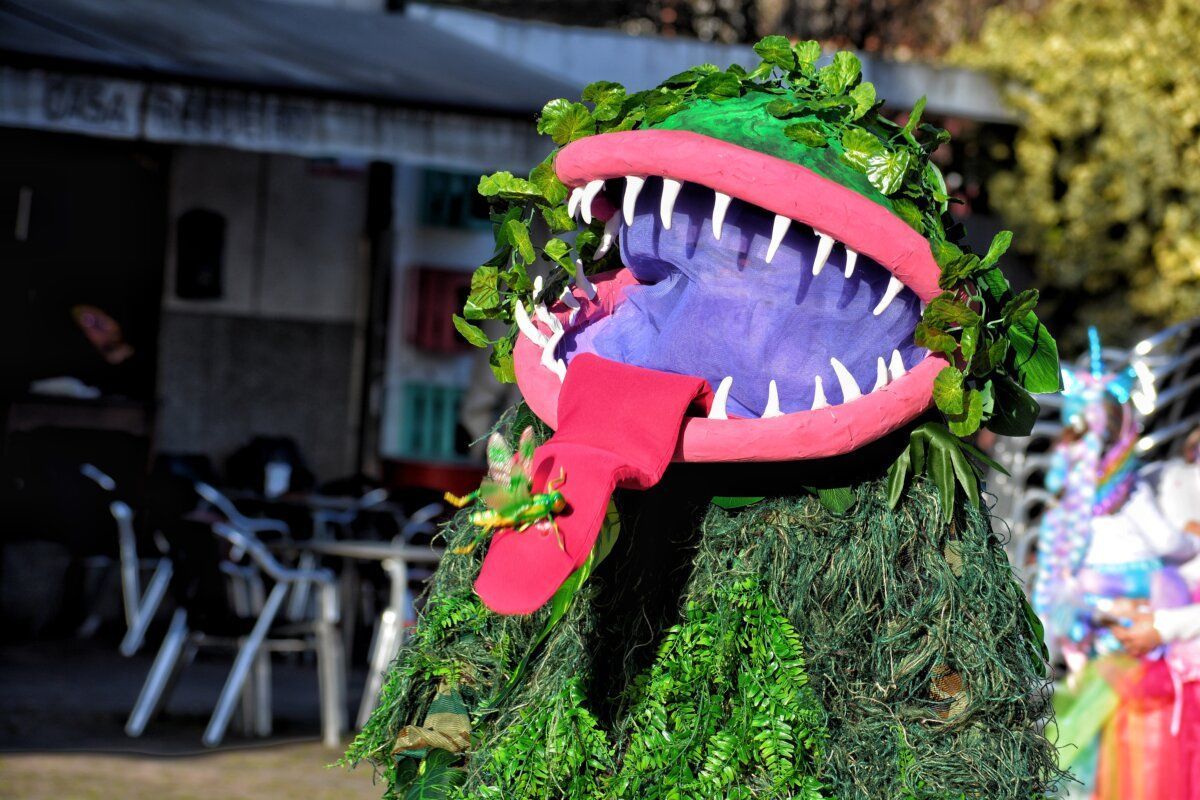 Figura de carnaval con boca grande y vegetación en Toral de los Vados