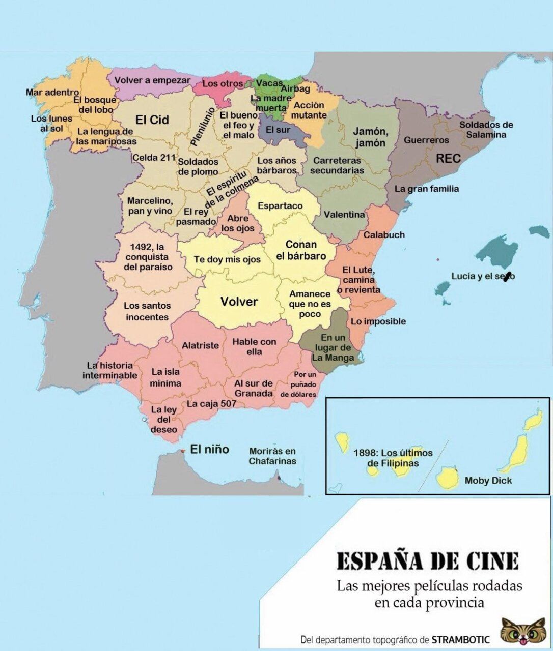 Mapa de España con películas destacadas por provincia