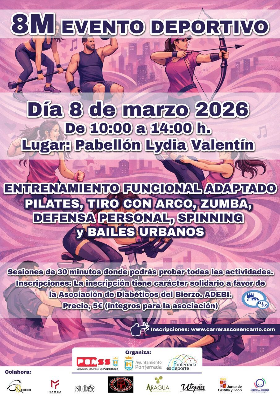 Cartel del evento deportivo del 8M en Ponferrada con actividades diversas.