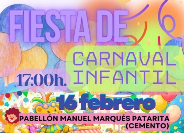 Cartel de la fiesta de Carnaval infantil en Bembibre con niños disfrazados.