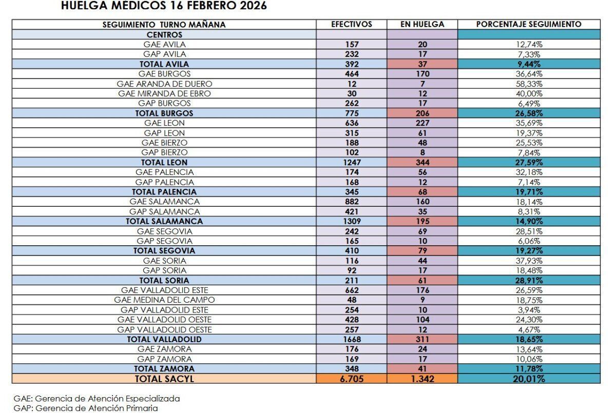 Tabla de seguimiento de huelga de médicos en Castilla y León