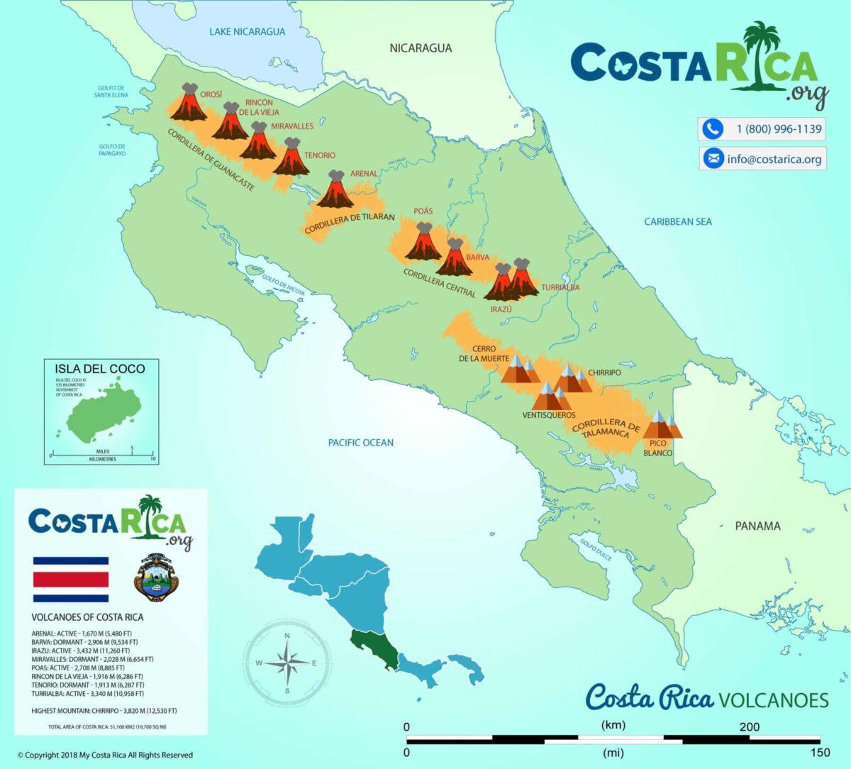 Mapa de Costa Rica mostrando volcanes y áreas geográficas importantes