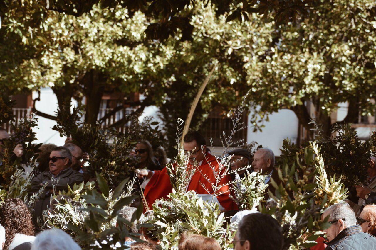 Personas en la procesión del Domingo de Ramos en Cacabelos con palmas y ramos.