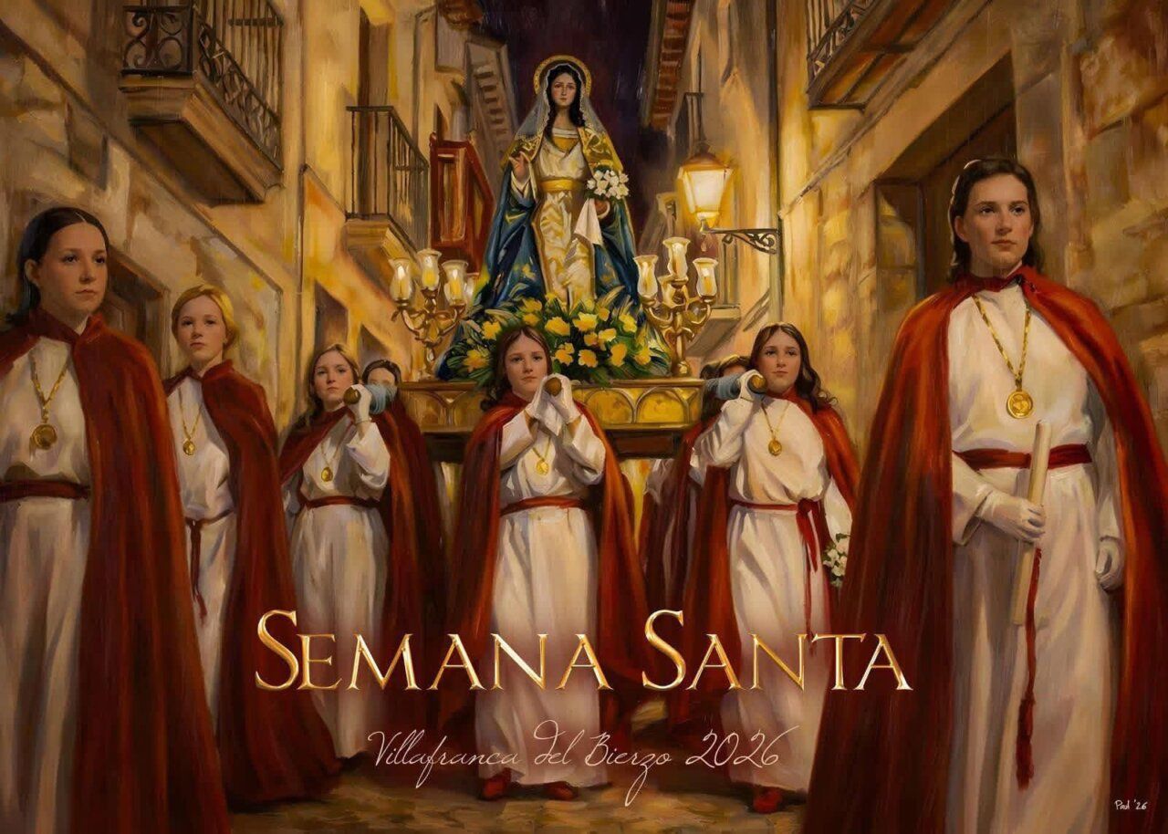 Procesión de Semana Santa en Villafranca del Bierzo 2026 con niños y una imagen religiosa.