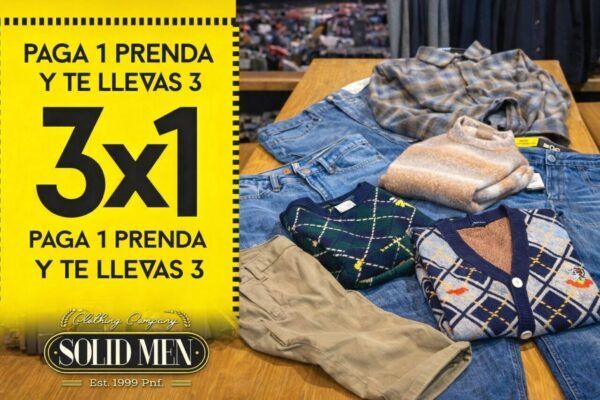 Cartel de promoción 3x1 en prendas de Solid Men en Ponferrada