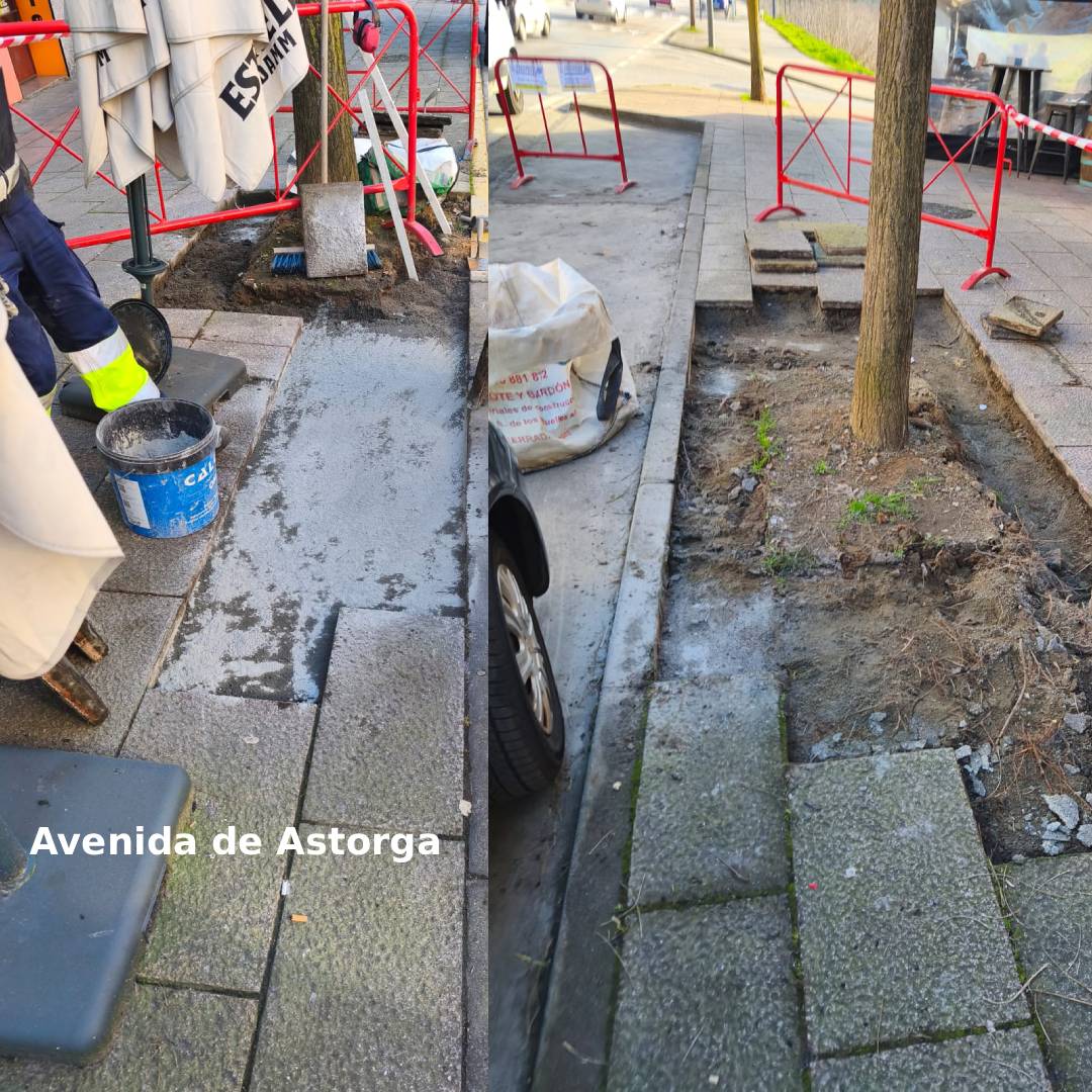 Obras de mejora en la Avenida de Astorga con trabajadores y materiales