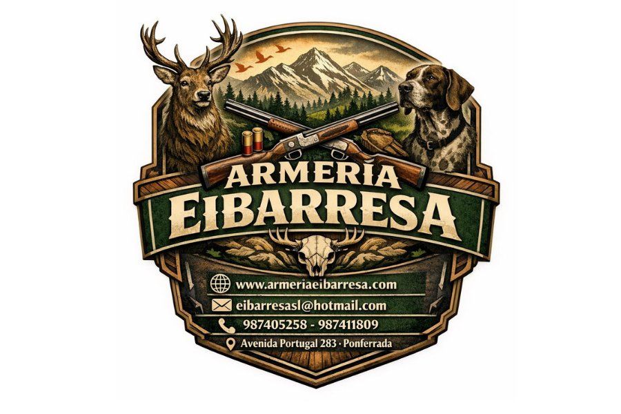 Logo de la armería Eibarresa con ciervo y perro de caza