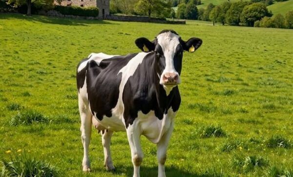 Vaca en un campo verde con montañas al fondo