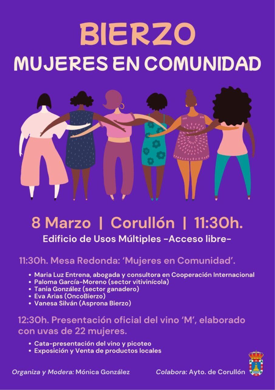 Cartel del evento del 8M en Corullón con mujeres unidas