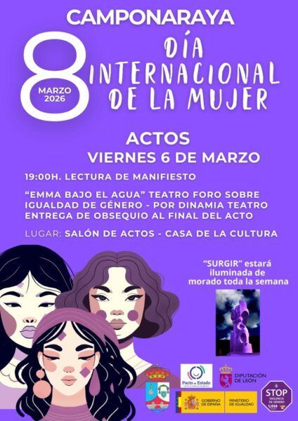 Cartel del Día Internacional de la Mujer en Camponaraya con ilustraciones de mujeres.