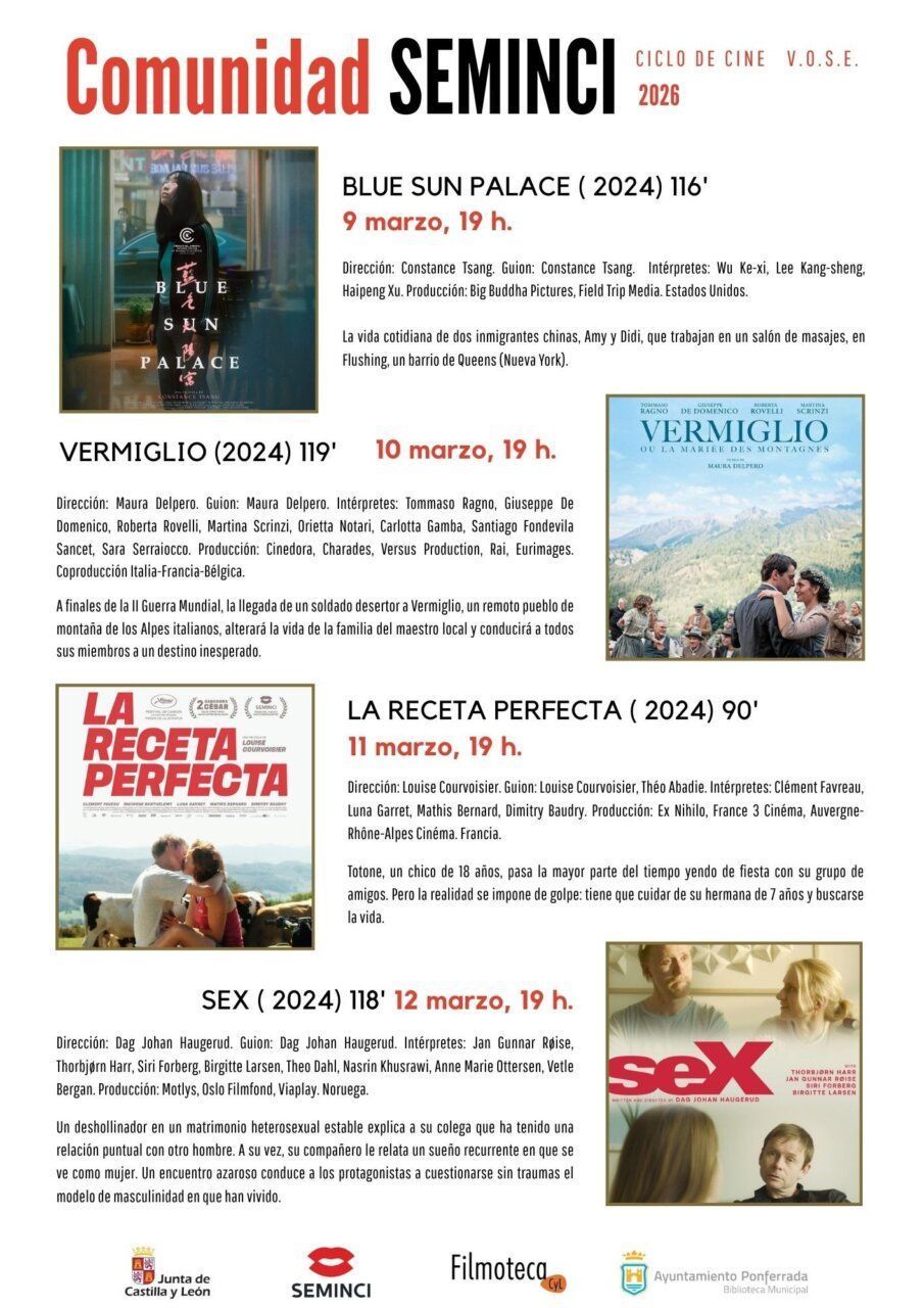 Cartel del ciclo de películas Comunidad Seminci 2026 con títulos y horarios