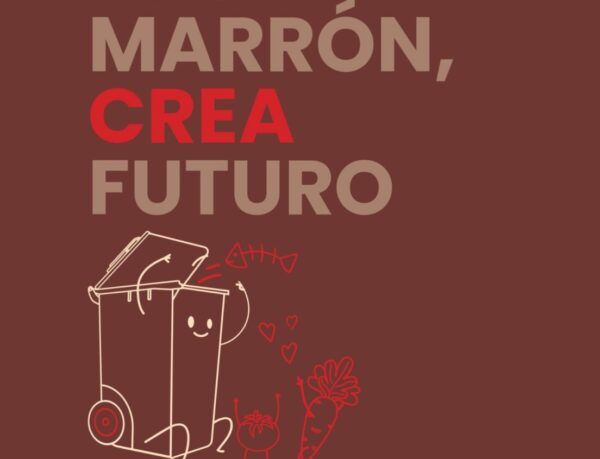 Cartel sobre el contenedor marrón para residuos orgánicos en Ponferrada