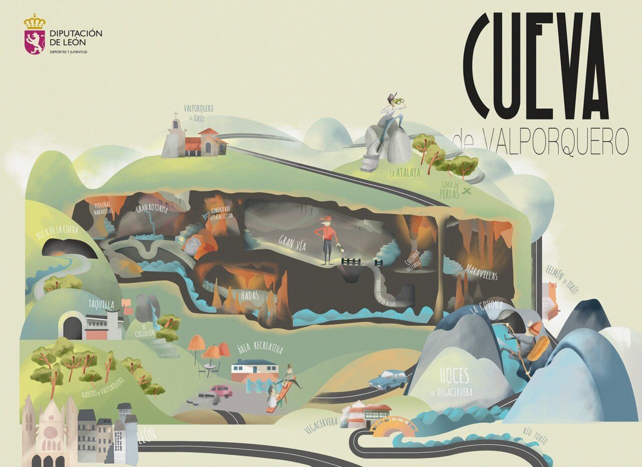 Mapa ilustrativo de la Cueva de Valporquero en León, España.