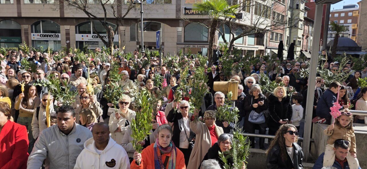 Multitud de personas con ramas en la celebración del Domingo de Ramos en Ponferrada