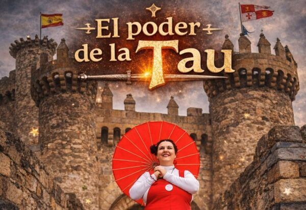 Visita teatralizada en el Castillo de los Templarios con una mujer sosteniendo un paraguas rojo.