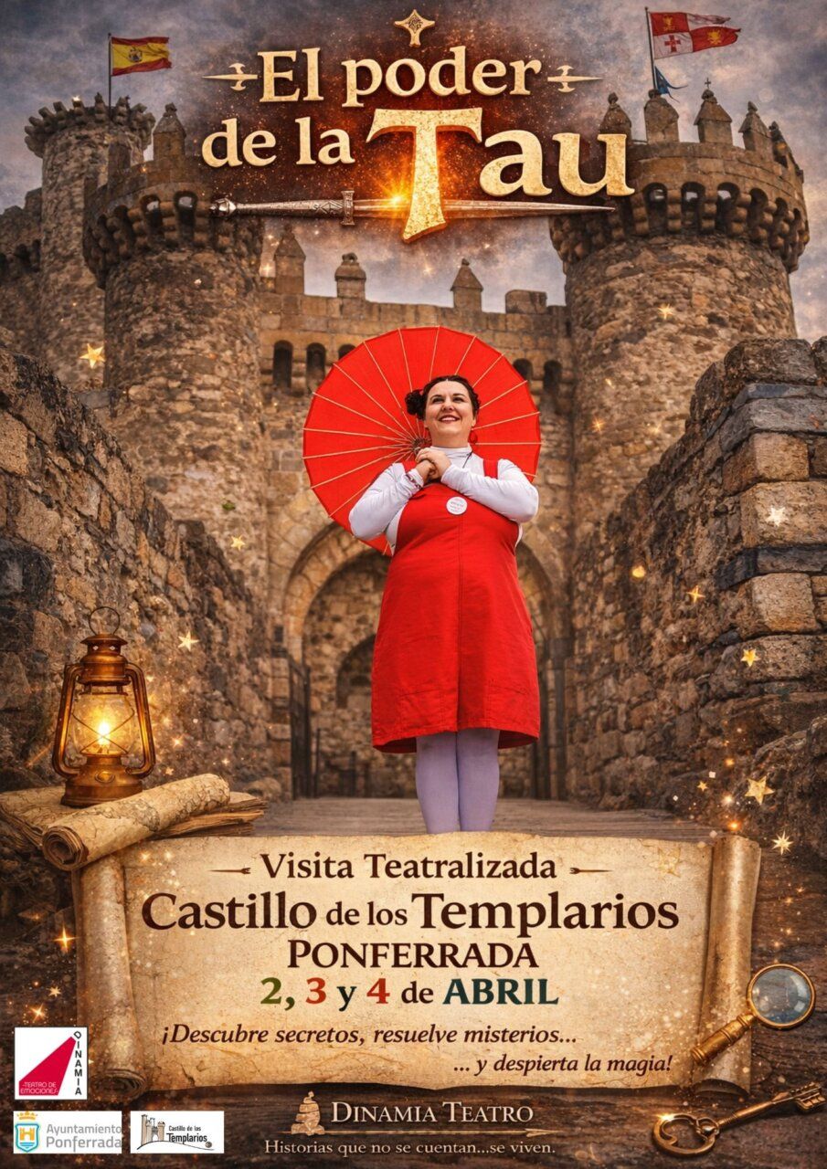 Visita teatralizada en el Castillo de los Templarios con una mujer sosteniendo un paraguas rojo.