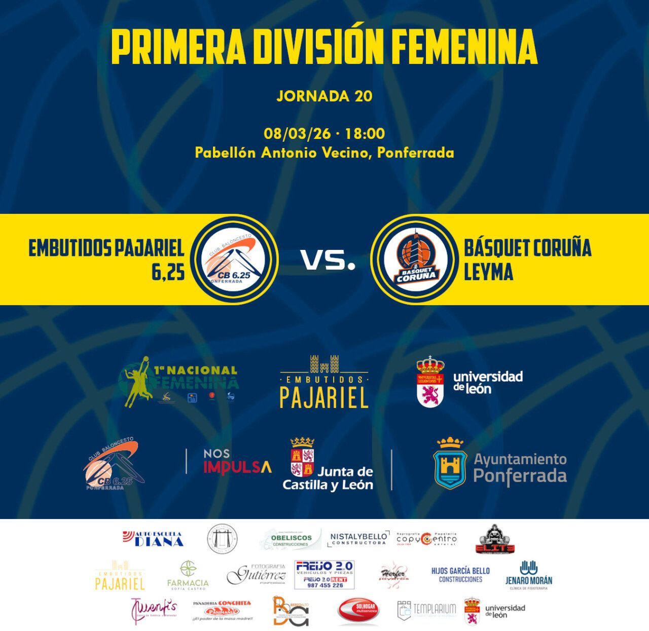 Cartel del partido entre Embutidos Pajariel y Básquet Coruña