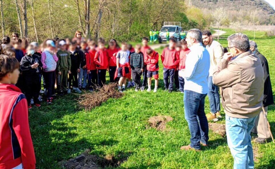 Grupo de escolares plantando robles autóctonos en un paisaje natural
