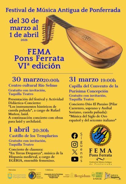 Cartel del VI Festival de Música Antigua de Ponferrada con instrumentos musicales