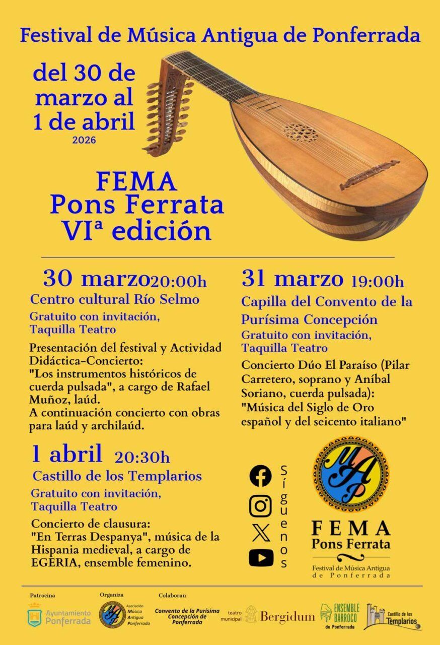 Cartel del VI Festival de Música Antigua de Ponferrada con instrumentos musicales