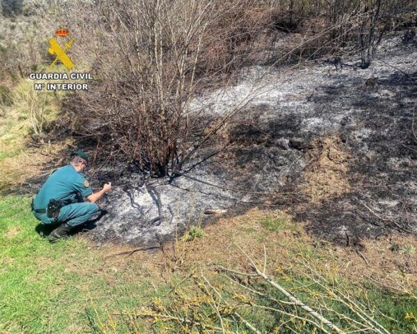 Agente de la Guardia Civil inspeccionando el área afectada por un incendio forestal en Igüeña.