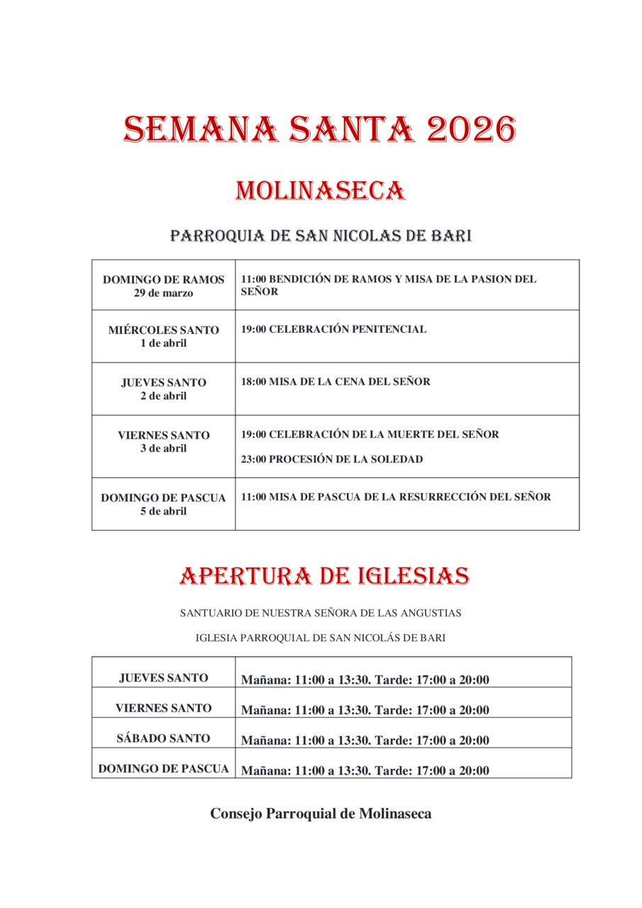 Horarios de la Semana Santa 2026 en Molinaseca con actividades y misas