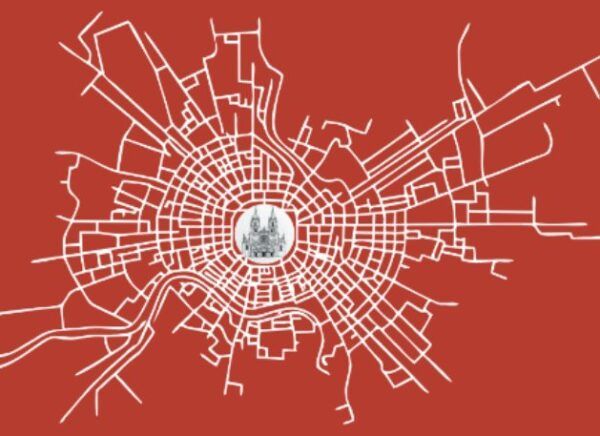Mapa estilizado de la ciudad de León con calles en blanco sobre fondo rojo.
