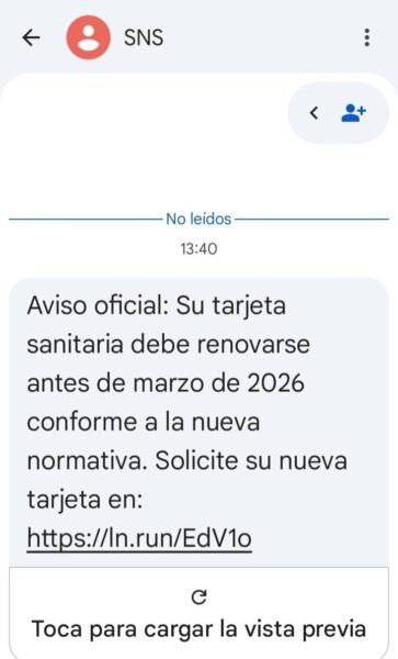 Ejemplo de SMS fraudulento sobre renovación de tarjeta sanitaria