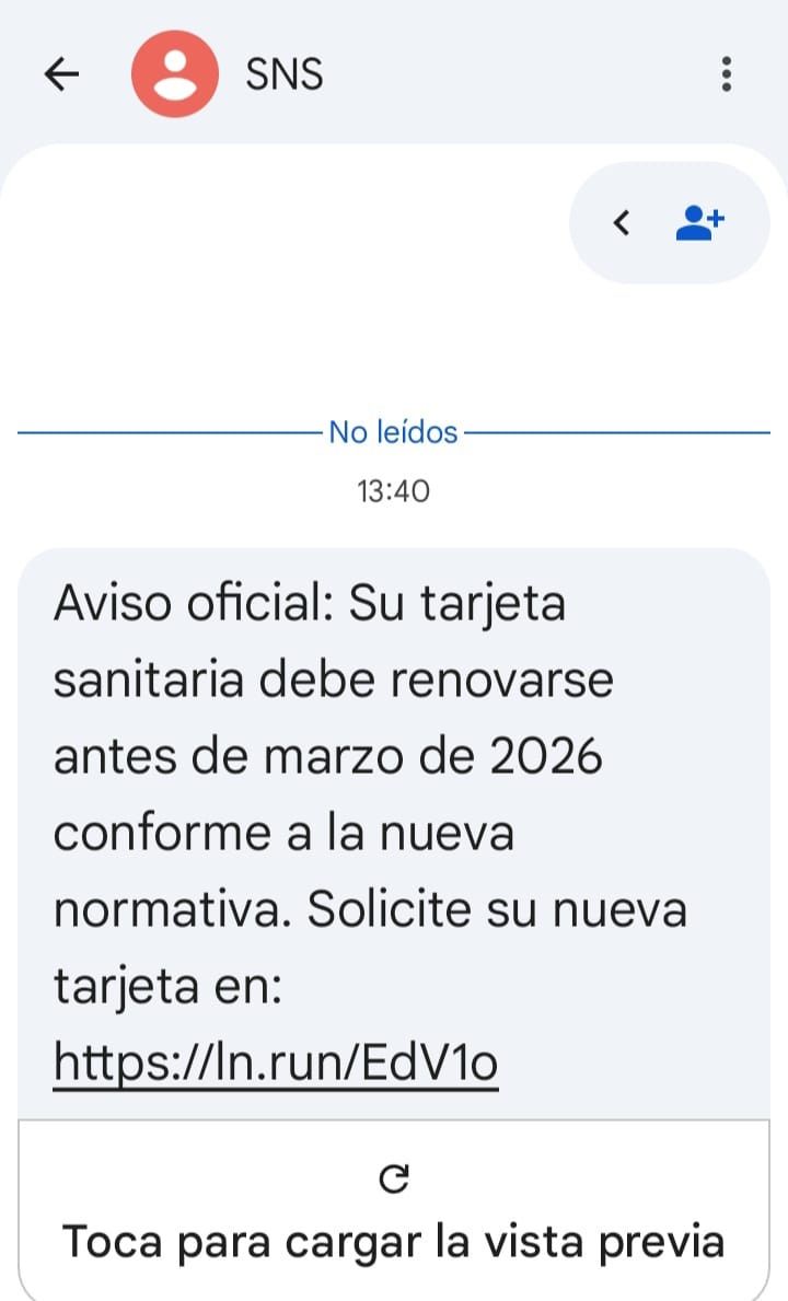 Ejemplo de SMS fraudulento sobre renovación de tarjeta sanitaria