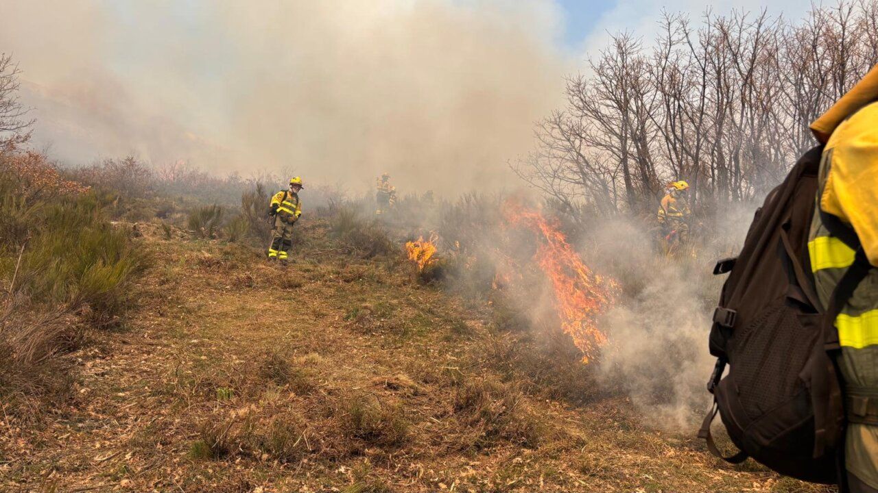 Bomberos trabajando en un incendio forestal en Lomba y Silván