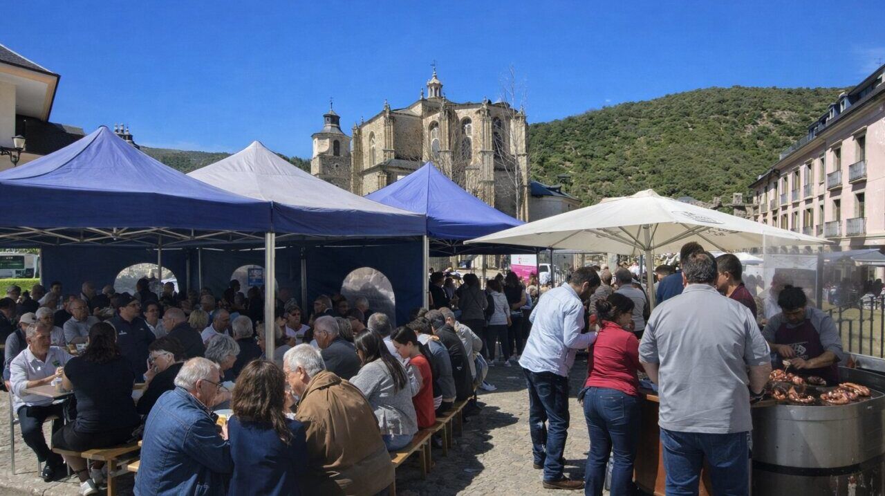 Ambiente del mercadillo en Villafranca del Bierzo con pulpo y visitantes