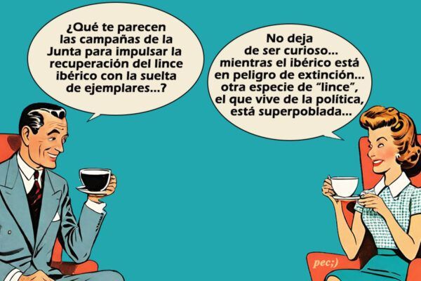 Ilustración de dos personas conversando sobre el lince ibérico y la política