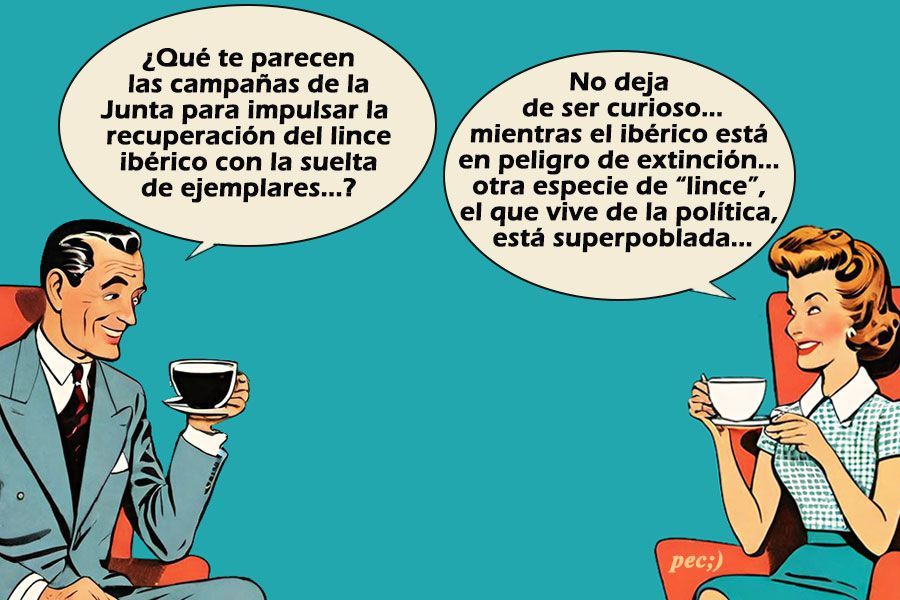 Ilustración de dos personas conversando sobre el lince ibérico y la política