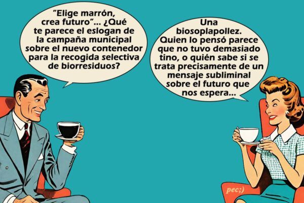 Ilustración de dos personas conversando sobre campaña de reciclaje