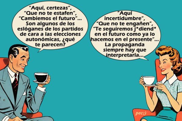 Dos personas conversando sobre eslóganes políticos en un café