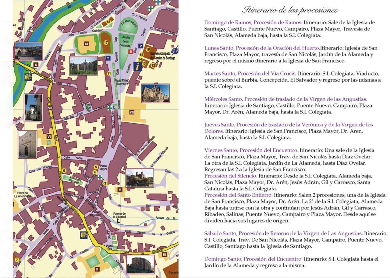 Mapa de itinerarios de las procesiones de Semana Santa en Villafranca del Bierzo