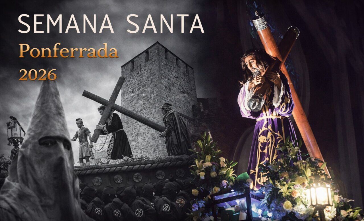 Procesión de Semana Santa en Ponferrada con cofrades y pasos religiosos