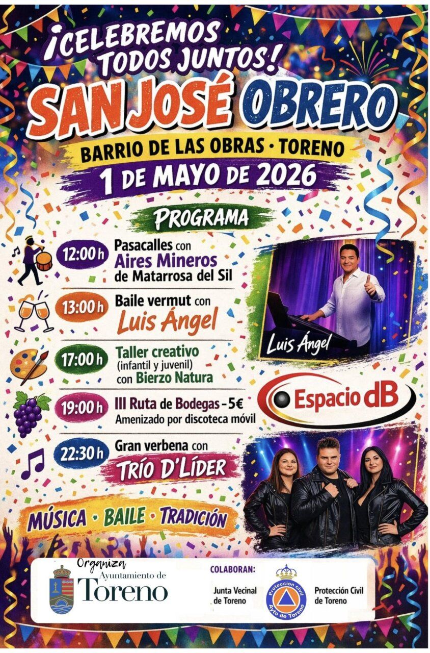 Cartel de celebración de San José Obrero en Toreno con actividades y música.