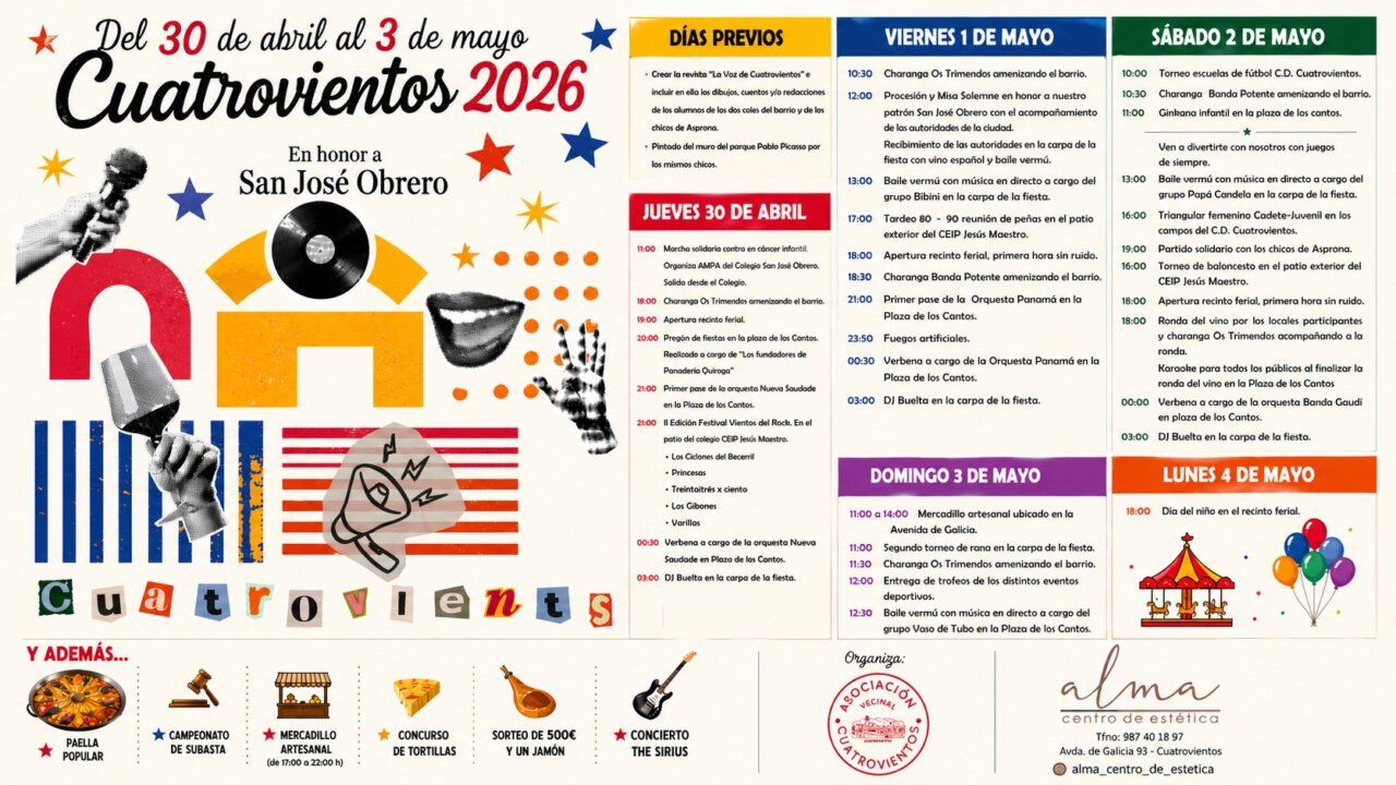 Cartel de las fiestas de San José Obrero en Cuatrovientos 2026