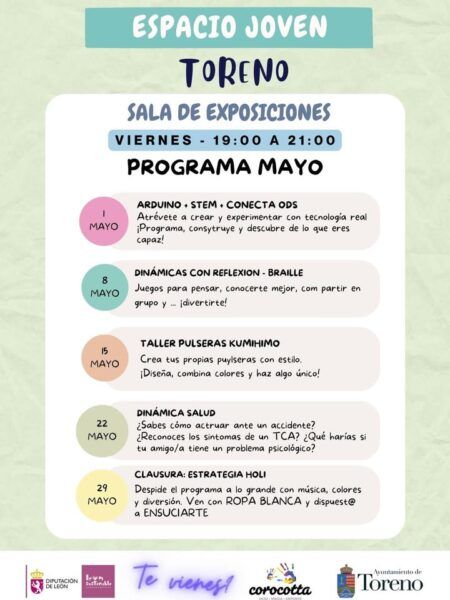Programa de actividades de mayo en el Espacio Joven de Toreno