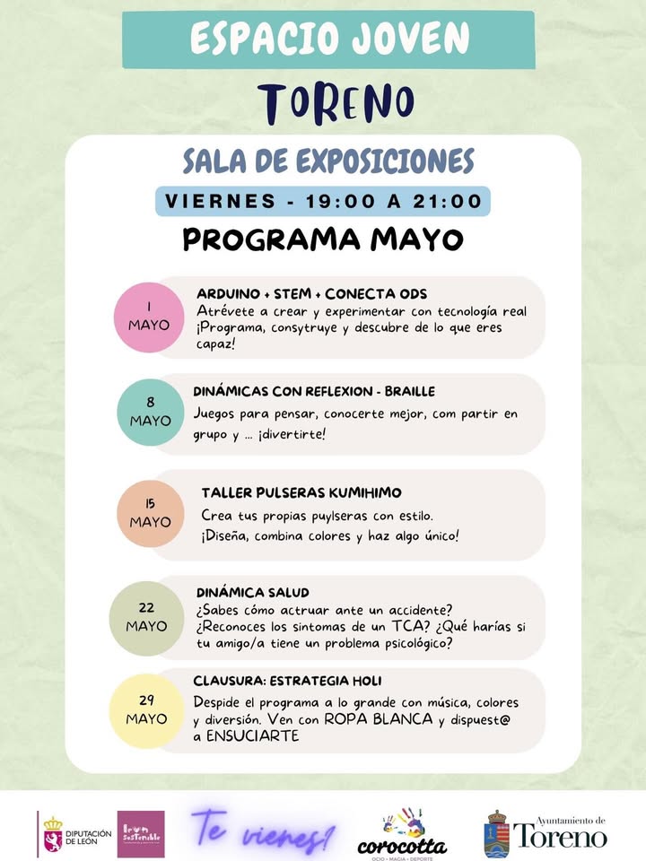 Programa de actividades de mayo en el Espacio Joven de Toreno
