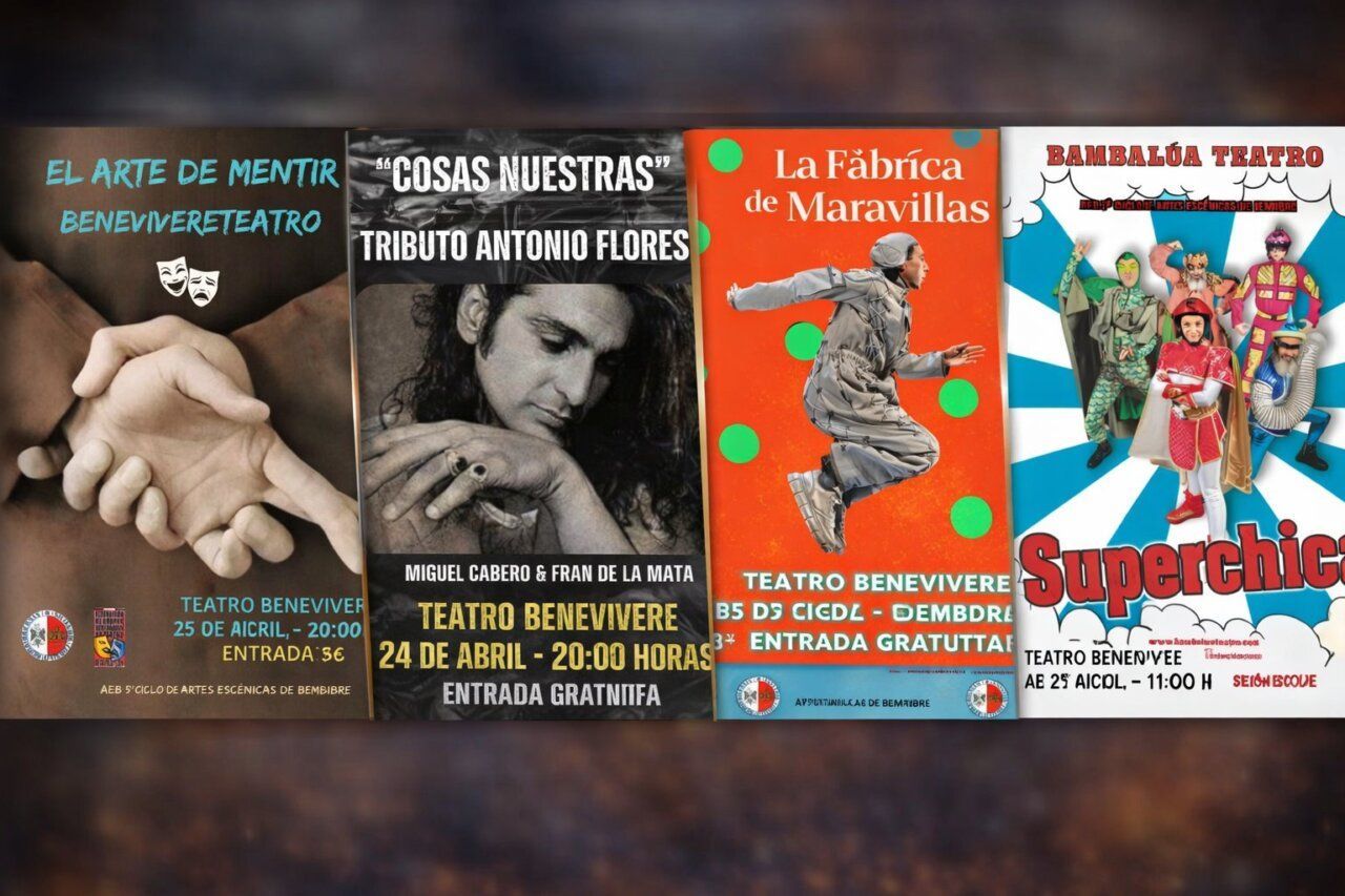 Carteles del V Ciclo de Artes Escénicas en Bembibre con diversas propuestas culturales.