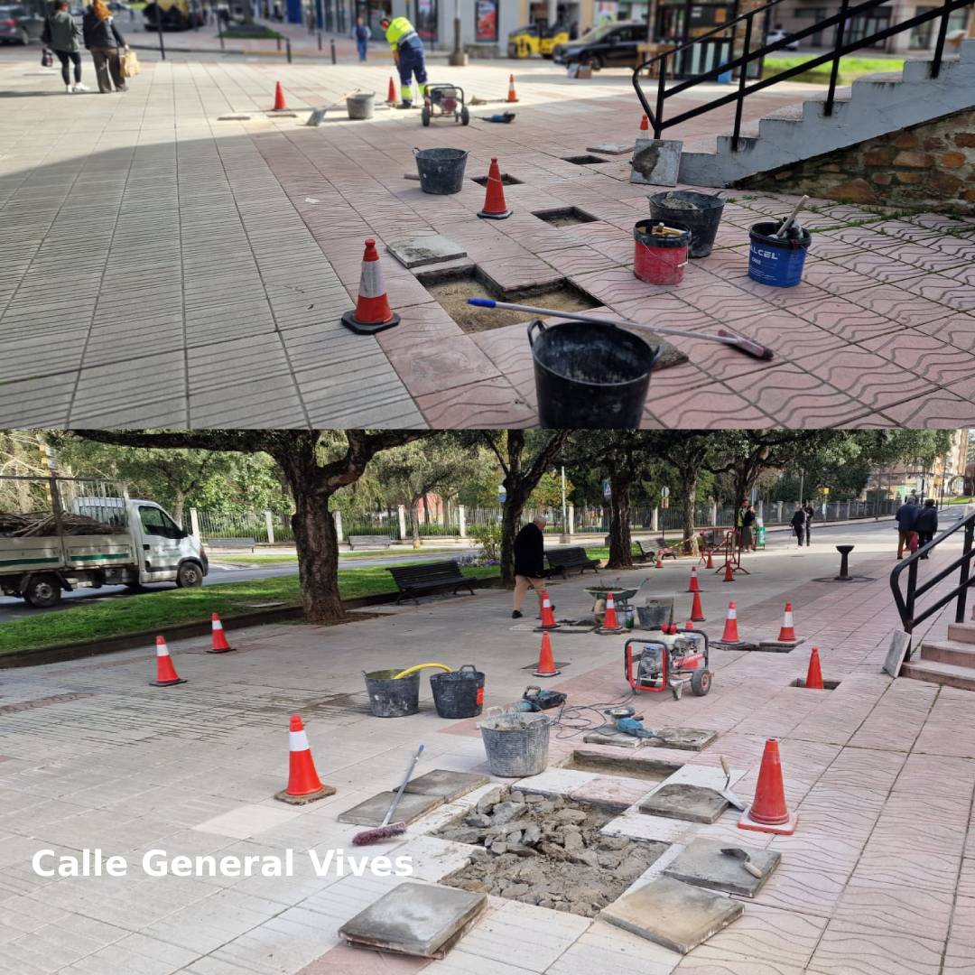 Trabajos de reparación en la Calle General Vives con conos y herramientas