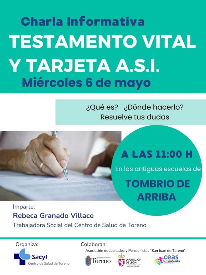 Cartel de charla sobre Testamento Vital y Tarjeta A.S.I. en Tombrio de Arriba