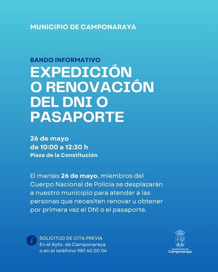 Bando informativo sobre renovación de DNI o pasaporte en el Ayuntamiento.