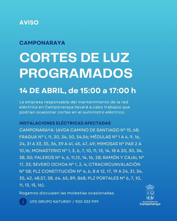 Aviso sobre cortes de suministro eléctrico en Camponaraya el 14 de abril de 2026