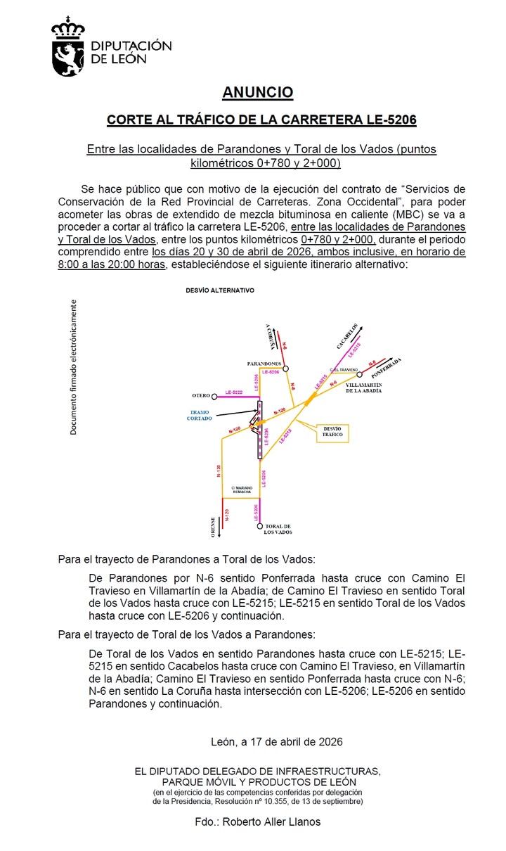 Anuncio sobre cortes de tráfico en la carretera LE-5206 entre Parandones y Toral de los Vados
